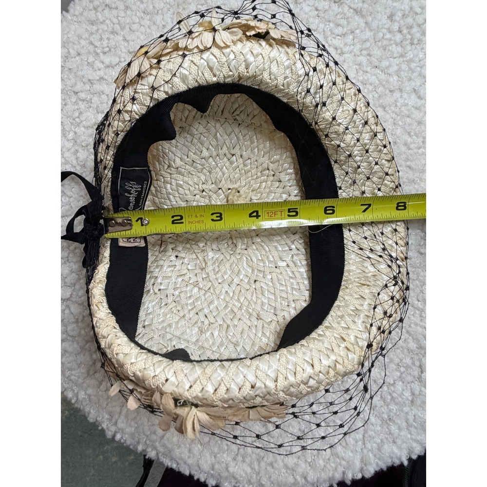 Vintage 1950s Straw Halo Hat Birdcage Veil Floral Trim MCM Cocktail Ransohoffs - Picture 10 of 16